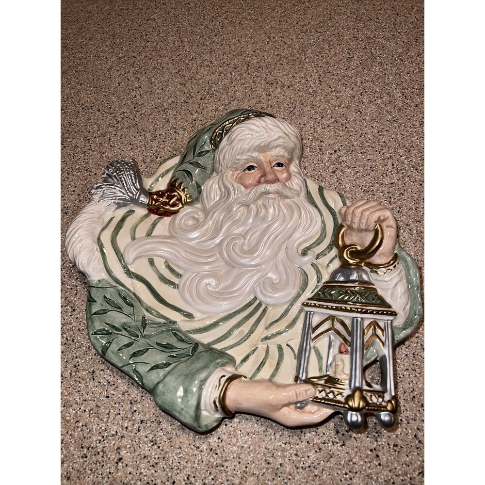 Fitz & Floyd Classics GREGORIAN Green Ceramic SANTA & LANTERN Tray CHRISTMAS 10"